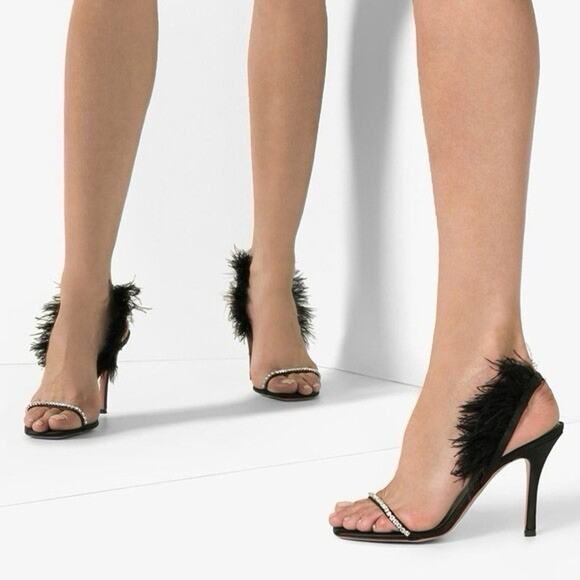 Amina Muaddi Adwoa Feather Crystal Satin Heels Black Size 40 US 10 - Picture 1 of 12